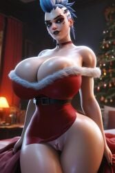 1girls 3d ai_generated big_ass big_breasts blue_hair christmas christmas_outfit junker_queen overwatch overwatch_2 ravenomega red_eyes sexy_body sexy_woman solo_female