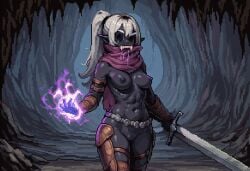 1girls abs ai_generated armor armored_female avril_(paigen) belt breasts clothed dark_elf dark_skin drool drooling drow elf empty_eyes fangs female gloves glowing_hand hollow_eyes horror horror_(theme) leather_armor long_hair magic medium_breasts monster_girl muscles nipples no_eyes original original_character paigen pixel_art pointy_ears ponytail pussy saliva scarf sharp_teeth stirrup_legwear sword toned_body toned_female undead vampire vampire_fangs vampire_girl weapon white_hair