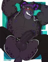2020 abs anthro armpit_hair ass balls biceps blush body_hair chaps clothing felid fingerless_gloves genitals gloves hair handwear hoodie humanoid_penis kihu leopard male male_only mammal muscular muscular_male navel navel_piercing nipples pantherine pecs penis perineum piercing purple_hair smile solo topwear
