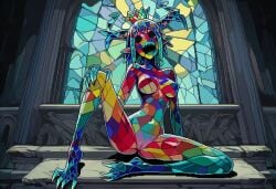 1girls ai_generated braids breasts claws crown dani_(paigen) fangs female glass glass_girl glass_monster glass_skin horn horns horror horror_(theme) large_breasts monster_girl multicolored_body multicolored_hair original original_character paigen pixel_art pointy_ears pussy sharp_nails sharp_teeth sharp_toenails short_hair stained_glass stained_glass_monster static_eyes