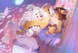 2024 4_toes 5_fingers anthro arm_tattoo bed big_breasts bob_cut bottomless bra bra_only breasts brown_hair canid canine canis clothed clothing cunnilingus dated digital_media_(artwork) domestic_dog duo feet female fingers fur furniture furry genitals hair hair_bun heart_eyes heart_symbol hi_res holding_both_legs holding_both_thighs humanoid_genitalia humanoid_penis kneeling larger_male licking lifting_partner male male/female mammal narrowed_eyes nude_male on_bed oral paws penis petals ring sex size_difference steam tail tail_motion tailwag tan_body tan_fur tattoo toes tongue tongue_out ulitochka underwear underwear_only vaginal_penetration watermark white_body white_fur