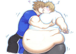 2boys blonde_hair blue_eyes blush brown_hair chubby english_text hug kingdom_hearts kissing male_only moobs muscles muscular overweight prisonsuit-rabbitman roxas sora weight_gain