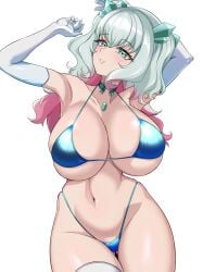 armpits arms_up bikini blue_bikini blush byaguraduema crysta_(duel_masters) curvy duel_masters duel_masters_lost highleg_bikini huge_breasts parted_lips revealing_clothes simple_background smile thick_thighs white_background wide_hips