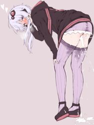 after_sex after_vaginal animal_ears animal_hood ass bent_over black_hoodie blush bracelet bunny_ears bunny_hood commentary_request cum cum_in_pussy cum_under_clothes dress fake_animal_ears female from_behind full_body grey_background grey_hair hair_ornament hand_on_own_knee heart highres hood hood_down jewelry long_sleeves looking_at_viewer looking_back nose_blush overflow purple_dress purple_eyes purple_legwear saliva short_hair_with_long_locks short_shorts shorts sidelocks simple_background solo standing thighs vocaloid voiceroid yagi_(ningen) yuzuki_yukari