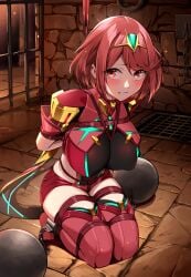 1girls blush bondage bound chains kneeling looking_at_viewer nintendo nonconsensual pyra red_eyes red_hair restrained rope_bondage short_hair solo tiara tied tied_up xenoblade_(series) xenoblade_chronicles_2 yoshimoto_(carpsukidayo)
