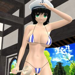 2025 3d bikini black-haired_female blue_sky clouds female ghost_girl green_eyes_female hati_yukkuri_mmd inside_building interior_background light-skinned_female looking_at_viewer mikumikudance minamitsu_murasa mmd open_mouth sailor_hat saluting short_hair_female skimpy_bikini sky solo_female striped_bikini swimsuit touhou