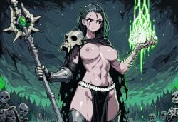 1girls abs ai_generated armor armored_female belt black_hair black_sclera bones boots breasts cloak female gauntlets horror horror_(theme) large_breasts long_hair magic monster_girl muscles necromancer nipples original original_character paigen pale_skin pixel_art pussy ravena_(paigen) scar scar_over_eye skeleton skull staff toned_body toned_female undead weapon white_eyes wrappings