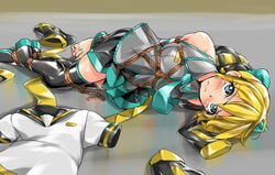 blonde_hair blue_eyes bondage boots femboy fumi11gou kagamine_len latex maimai11 rope rope_bondage skirt tied_up vocaloid