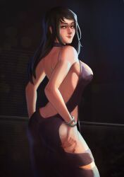 ass backless_dress backless_outfit bangle breasts butt_crack choker commission dress hip_vent imsofckinlost large_breasts long_fingernails long_hair no_bra no_panties no_underwear original purple_choker purple_dress red_nails revealing_clothes sideboob smile