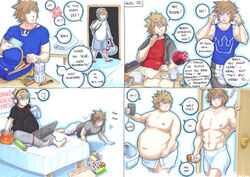 2boys blonde_hair blue_eyes blush brown_hair chubby eating english_text exercise kingdom_hearts male_only muscles muscular overweight prisonsuit-rabbitman push_ups roxas selfie sora weight_gain