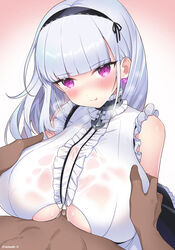 1boy 1girls :q anchor azur_lane bangs bare_shoulders black_hairband black_skirt blunt_bangs blush breast_grab breast_squeeze breasts center_frills collar cum cum_on_body cum_on_breasts cum_on_upper_body dark-skinned_male dark_skin dido_(azur_lane) eyebrows_visible_through_hair female frilled_shirt frills grabbing gradient gradient_background hairband highres huge_breasts light-skinned_female light_skin long_hair looking_at_viewer maid melomelo_d paizuri paizuri_under_clothes penis purple_earrings purple_eyes royal_navy_(azur_lane) shirt silver_hair sleeveless solo_focus straight sweat tongue tongue_out underboob underboob_cutout waist_apron white_apron white_shirt