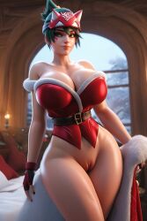 1girls 3d ai_generated big_ass big_breasts christmas christmas_outfit cute green_hair kiriko_(overwatch) kiriko_kamori large_breasts overwatch overwatch_2 ravenomega sexy_body sexy_woman smile solo_female