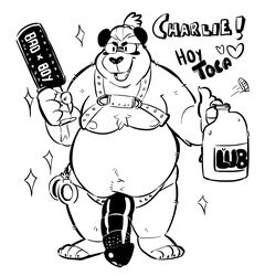 2019 anthro belly black_and_white burrnie eyewear glasses hi_res humanoid_hands male male_only mammal monochrome moobs navel nipples overweight overweight_male paddle sex_toy solo text ursid