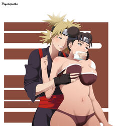 2girls bare_shoulders big_breasts blonde_hair bra breast_grab breasts brown_eyes brown_hair chloroform female female_only fingerless_gloves fondling forehead_protector gag gagged grabbing grabbing_from_behind green_eyes hair_buns implied_yuri kimono konohagakure_symbol losing_consciousness naruto naruto_(series) naruto_shippuden panties psyclopathe quad_tails smile sunagakure_symbol temari tenten tied_hair underwear wide_hips yuri