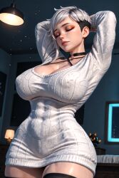 1girls 3d 3d_(artwork) ai_generated arms_up big_ass big_breasts breasts busty cleavage closed_eyes gray_hair halter_top kylee_(oc) pixie_cut radnsad short_hair side_shave silver_hair sleepy solo solo_female solo_focus sweater thick_thighs tired toned toned_female white_hair