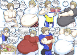 2boys blonde_hair blue_eyes brown_hair chubby english_text feeding kingdom_hearts male_only muscles muscular overweight prisonsuit-rabbitman roxas smirk sora weight_gain