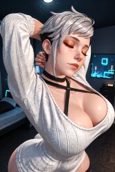 1girls 3d 3d_(artwork) ai_generated arms_up big_ass big_breasts breasts busty cleavage closed_eyes gray_hair halter_top kylee_(oc) pixie_cut radnsad short_hair side_shave silver_hair sleepy solo solo_female solo_focus sweater thick_thighs tired toned toned_female white_hair