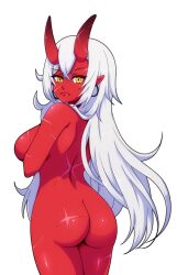 1girls akumi ass breasts completely_nude cowboy_shot fang female from_behind hair_between_eyes horns indie_virtual_youtuber large_breasts long_hair looking_at_viewer looking_back naked nepiris nude nude_female oni pointy_ears red-skinned_female red_skin simple_background solo very_long_hair virtual_youtuber vyugen white_background white_hair yellow_eyes