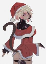1girls ass blonde_hair christmas_outfit clawed_fingers claws dark-skinned_female dark_skin dress female fingerless_gloves indie_virtual_youtuber kokonuts large_ass monkey_girl monkey_tail mrcs_404 purple_eyes red_dress robotic_arm santa_hat short_dress short_hair tail thighs upskirt virtual_youtuber vtuber
