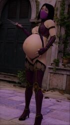 1girls 3d belly big_belly big_breasts black_hair breasts female female_only hand_on_belly high_heels mileena mortal_kombat mortal_kombat_11 netherrealm_studios pregnant sai_(weapon) sideboob solo solo_female zero-thl