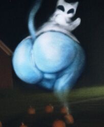 anthro anus ass backsack balls big_butt blue_body domestic_cat felid feline felis floating genitals ghost ghost_costume guhg_kemon huge_butt looking_at_viewer looking_back looking_back_at_viewer male male_only mammal raised_tail solo spirit tail