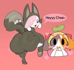 2025 big_ass blush blush_stickers blushing brown_fur calico_cat cat cheezborger_(chikn_nuggit) chikn_nuggit claws clothed cofi_(chikn_nuggit) costume covering_mouth digital_media_(artwork) ears_down gaizo gradient_background hair_tuft happy hat headwear hearts huge_ass looking_at_viewer motion_lines orange_fur pickle pink_background pink_eyes pink_hair presenting presenting_hindquarters raised_leg sheep shortstack thick_ass thick_thighs white_fur yuri
