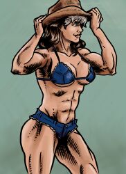 abs anna_marie biceps big_breasts breasts brown_hair buff buff_female cowboy_hat cowgirl denim denim_bikini denim_clothing female female_only marvel marvel_comics muscular muscular_female mutant_(marvel) rogue_(x-men) short_shorts solo solo_female southern southern_belle turkenjamez two-tone_hair underboob white_hair x-men