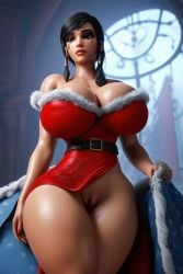 1girls 3d ai_generated big_ass big_breasts black_hair brown_eyes christmas christmas_outfit cute gigantic_breasts large_breasts massive_breasts massive_thighs overwatch overwatch_2 pharah ravenomega sexy_body sexy_woman smile solo_female thunder_thighs
