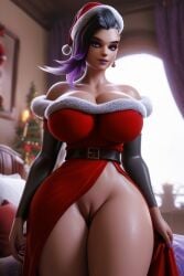 1girls 3d ai_generated big_ass big_breasts black_hair christmas christmas_outfit cute dark-skinned_female dark_skin large_breasts overwatch overwatch_2 purple_eyes purple_hair ravenomega sexy_body sexy_woman smile solo_female sombra