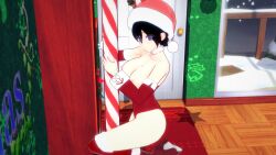 3d_(artwork) black_hair blue_eyes candy_cane christmas christmas_outfit door heels kingdom_hearts koikatsu koikatsu_(medium) nipples pole_dancing render santa_hat