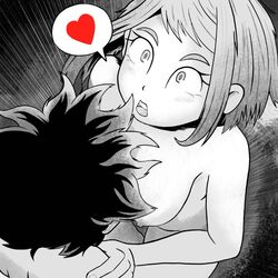 black_and_white cowgirl_position erostash izuku_midoriya my_hero_academia nude ochako_uraraka spoken_heart