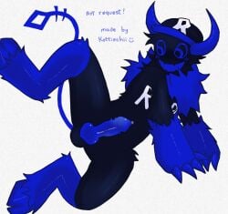 1male 1monster 2_horns animal_genitalia animal_penis anthro balls ballsack big_penis black_fur blue_eyes blue_fur blue_mouth blue_penis blush_lines claws demon demon_horns demon_tail fan_character forsaken_(roblox) fur guest_666_(forsaken) headgear hooves horns knot kottiechii long_penis nonbinary oc precum roblox roblox_game self_upload sharp_claws showing_penis someone_else's_oc spread_legs staring_down tail teeth two-tone_fur