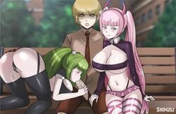 1boy 2girls aged_up ass big_ass big_breasts big_penis blowjob breasts danganronpa danganronpa_ultra_despair_girls fellatio green_hair handjob heavy_blush ight_hair kemuri_jataro large_breasts looking_at_viewer necktie nipples_visible_through_clothing outdoors panties penis pink_hair pleasure_face pussy pussy_juice sex shinzu031 socks straight_hair towa_monaca twintails utsugi_kotoko wet_pussy