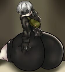 1boy ass ass_bigger_than_head ass_expansion blindfold clothed clothing femboy huge_ass hyper hyper_ass jn-arts male male_focus male_only nier nier:_automata rear_view short_hair sitting solo trap white_hair yorha_9s