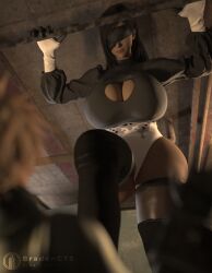 1boy 1girls 3d big_breasts black_hair blindfold bradengts breasts cloud_strife female final_fantasy final_fantasy_vii giantess huge_breasts light-skinned_female light-skinned_male light_skin low-angle_view macro male nier nier:_automata size_difference thighhighs tifa_lockhart yorha_2b_(cosplay) yorha_9s_(cosplay)