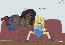 1boy 1girls adventure_time big_penis black_hair blonde_hair comic_panel dark-skinned_female finn_the_human marceline marceline_abadeer muffynbunarts older_female_and_younger_male penis_under_clothes teasing white_body