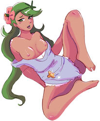 1girls asikku barefoot breasts dark-skinned_female dark_skin eye_contact feet female flower green_eyes green_hair half-closed_eyes long_hair looking_at_viewer mallow_(pokemon) nintendo nipples open_mouth pokemon pokemon_sm sketch small_breasts spread_legs thick_thighs thighs toes tongue_out white_background wide_hips