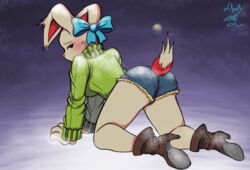 blush boots bow bunbun_npc_(undertale) bunny bunny_girl bunny_lady clothing female looking_at_viewer looking_back npc on_all_fours on_knees rabbit rabbit_ears rabbit_humanoid rabbit_tail shorts snow sweater undertale