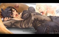 1boy 2girls 3d anna_williams blonde_hair blue_eyes breasts brown_hair chobixpho cum dark-skinned_male dress earrings faceless_male female incest licking licking_navel male nina_williams penis saliva straight tekken text threesome tongue tongue_out wedding_dress