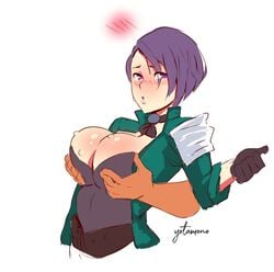 1boy 1girls alternate_breast_size artist_name big_breasts blue_hair blush breast_grab breasts cleavage female fire_emblem fire_emblem:_three_houses gloves large_breasts male nintendo nipples purple_eyes shamir_nevrand short_hair straight yotahen yotamono