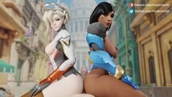 1boy 2girls 3d animated ass assjob big_ass black_hair blender blonde_hair breasts brown_nipples buttjob dark-skinned_female dark_hair dark_skin double_assjob double_buttjob egyptian female human human_only interracial light-skinned_male light_skin looking_at_viewer mercy multiple_girls no_sound overwatch pale-skinned_female pharah pov sex straight teamwork video vindictive3d white_skin