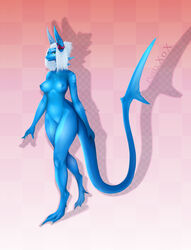 anthro areola blue_areola blue_nipples breasts collarbone ear_piercing ear_ring female fish front_view full-length_portrait genitals hair half-closed_eyes hi_res josa marine membrane_(anatomy) narrowed_eyes navel nipples non-mammal_breasts nude piercing portrait pussy pustyxox shark solo standing three-quarter_view webbed_feet white_hair