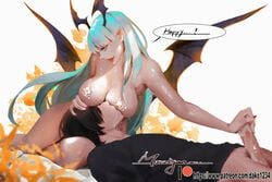 1boy 1girls aqua_hair ass bat_wings bottomless breast_sucking breastfeeding breasts clothing cum cumdrip dako darkstalkers demon_girl ejaculation english_text erection female handjob head_wings highres lactation large_breasts light_skin long_hair morrigan_aensland naked nipple_suck nipples nude nursing_handjob pale-skinned_female pale-skinned_male pale_skin penis pointy_ears pubic_hair sex straight succubus turquoise_hair uncensored vampire_(game) white_skin wings yellow_eyes