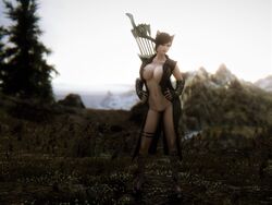 1girls 3d animal_ears arrow bethesda_softworks bow bow_(weapon) breasts cat_ears coat female female_only game_screenshot high_heels human kirinococaine midriff no_bra oblivion outdoors revealing_clothes skyrim the_elder_scrolls thong weapon