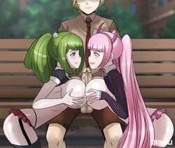 1boy 2girls ass big_ass big_breasts big_penis breasts danganronpa danganronpa_ultra_despair_girls double_fellatio double_titfuck fellatio green_hair heavy_blush kemuri_jataro necktie paizuri panties penis pink_hair pleasure_face pussy sex shinzu031 straight_hair titjob towa_monaca twintails utsugi_kotoko