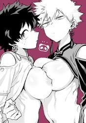 2girls areola areolae big_breasts black_and_white breast_press breasts busty clothed dark_hair earrings female female/female female_bakugou female_deku female_only freckles green_hair izuku_midoriya katsuki_bakugou large_breasts looking_at_viewer maneki-neko_(fujifuji) multiple_females multiple_girls my_hero_academia navel nipples no_bra nude nudity purple_background rule_63 short_hair spiky_hair uncensored yuri