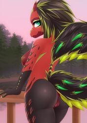 2019 anthro ass breasts dannyckoo dragon female forest genitals green_eyes hi_res horn nipples nude outside pussy rear_view smile solo tree tresertf water