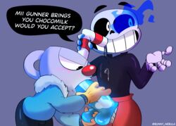 blowjob blue_flame blush bunny_nebula cuphead cuphead_(game) english english_text fellatio fusion gay large_penis large_teeth male male/male meme mii mii_gunner nintendo nintendo_switch oral penis purple_background sans speech_bubble super_smash_bros. super_smash_bros._ultimate undertale video_games