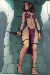 1girls areolae bbc-chan bikini_top breasts collar dagger fantasy female female_only handcuffs hiding knife loincloth nipples original_character ponytail pubic_hair pussy shackles slave slavegirl solo solo_female weapon