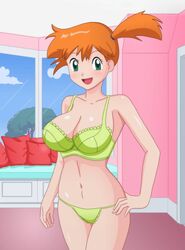 1girls aged_up alternate_breast_size alternate_outfit bikini bikini_bottom bikini_top breasts cleavage clothing female green_bikini green_eyes hand_on_hip happy human kasumi_(pokemon) nintendo orange_hair partially_clothed pokemon pokemon_rgby pose shablagooo solo source_request